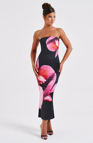 Allegra Midi Dress - Black Floral Print - Napalia