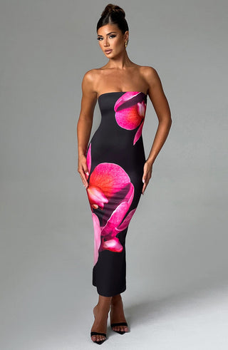 Allegra Midi Dress - Black Floral Print - Napalia