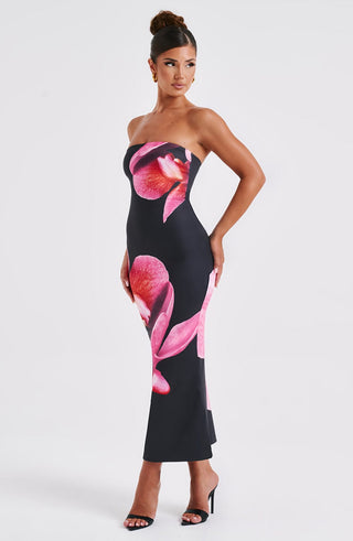 Allegra Midi Dress - Black Floral Print - Napalia