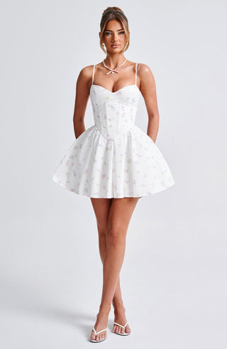 Analeigh Mini Dress - White Multi Floral Print - Napalia
