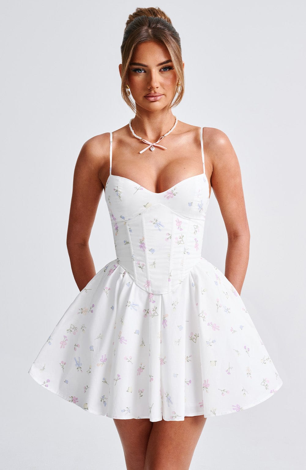 Analeigh Mini Dress - White Multi Floral Print - Napalia